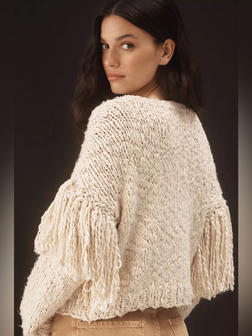 Anthropologie Chunky Knit Fringe Cardigan Sweater Size M/L Boho Festival Retro